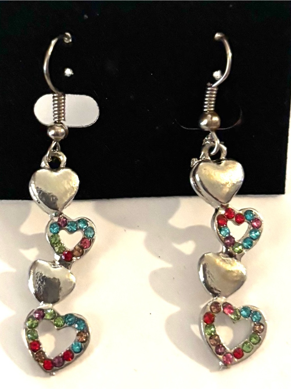 Fashion Jewelry Silver Heart Dangle Earrings with Multicolor Stones
